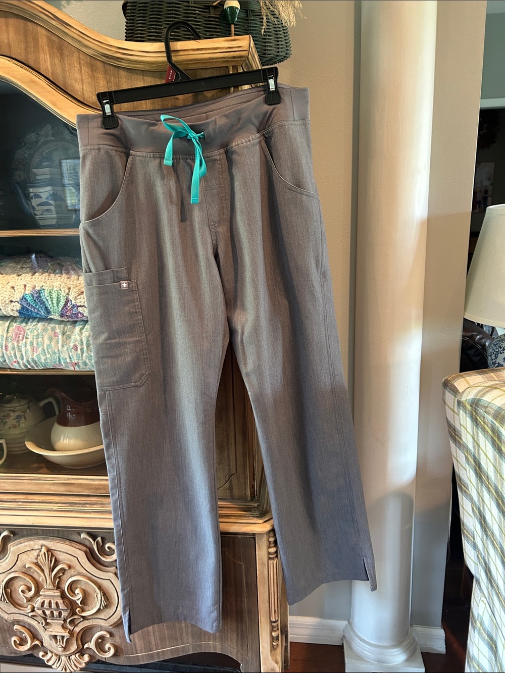 Figs Women's Wide Leg Pants in Gray with Teal Drawstring